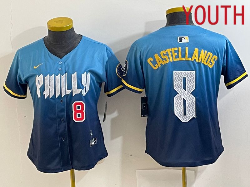 Youth Philadelphia Phillies #8 Castellanos Blue City Edition Nike 2024 MLB Jersey style 4->youth mlb jersey->Youth Jersey